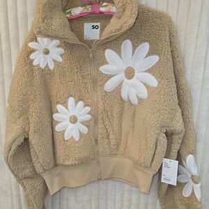 SO Tan Teddy Jacket with White Floral Accents